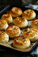 Fototapeta premium A tray of bagels with cheese and herbs on top of them