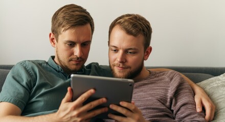 Two men are sitting on a couch and looking at a tablet