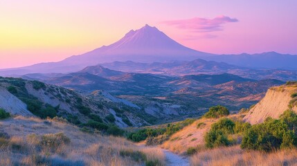 Majestic volcano sunrise, hills, path, scenic view, travel poster