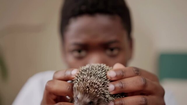 Young veterinarian holding a hedgehog