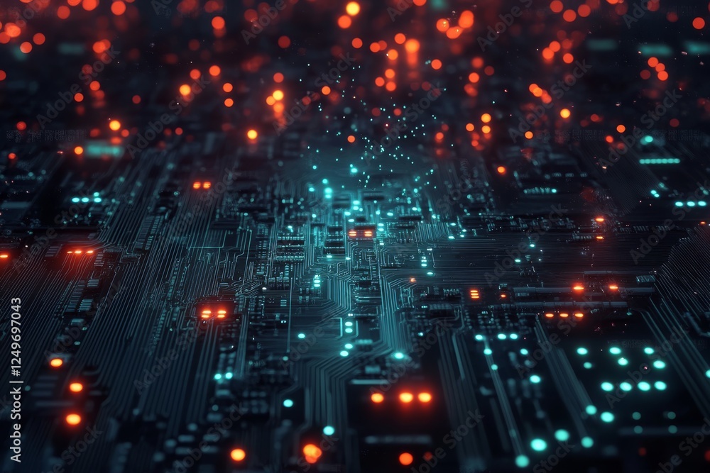 Poster this captivating view of an intricate electronic circuit board shows vibrant particles, highlighting