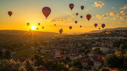 Naklejka premium Hot air balloons soar over a scenic landscape at sunset.