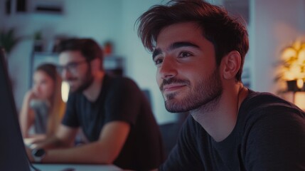 Young co-workers team planning a new startup - Digital nomad people working on a new project in creative coworking office - Technology, smart work, marketing concept - Focus on right man close-up han