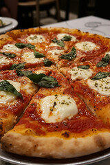 A pizza with mozzarella and basil on a white plate