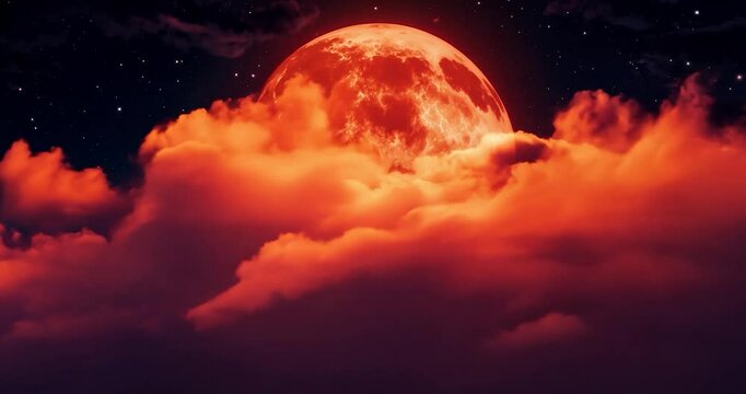 Blood Moon Rising Behind Dramatic Red Clouds &ndash; Mystical Night Sky