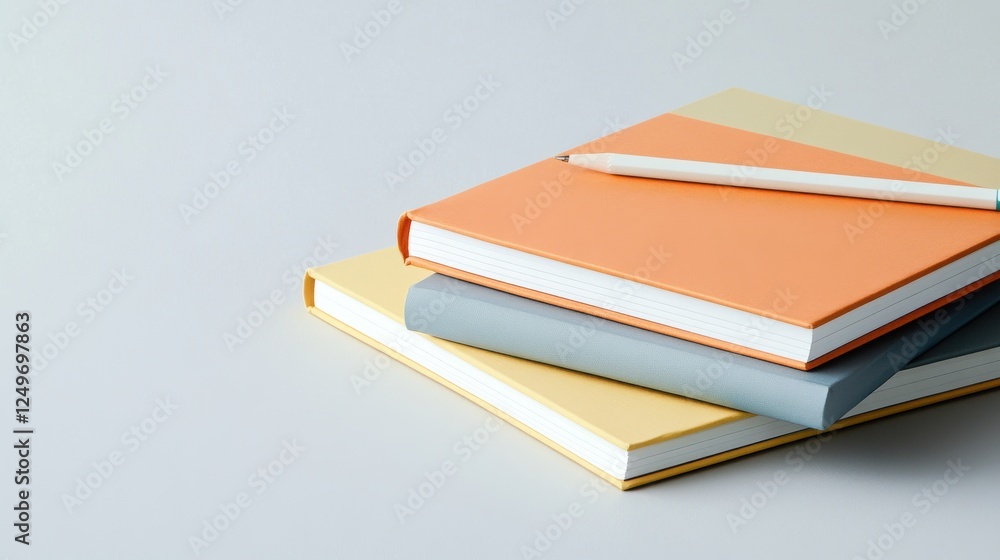 Aufkleber stacked colorful notebooks with a pen on a minimalistic background for educational themes