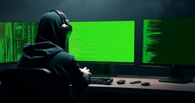Hacker in Dark Room with Green Screen Monitors &ndash; Cybersecurity Chroma Key Concept