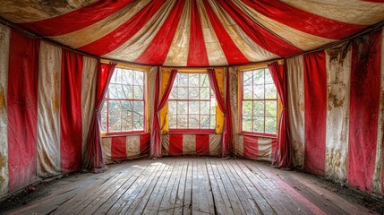 Abandoned circus tent room with red and white striped canvas, wooden floor, and windows overlooking a park