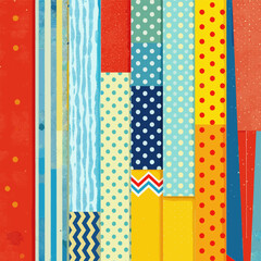 Vertical stripes in various colors, including red, blue, yellow, and white, with polka dots and chevron designs. Vector patterns, random pattern