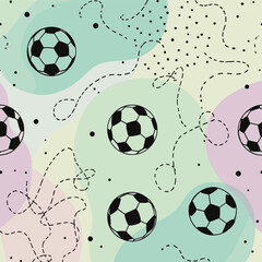 Soccer balls in black and white, with dotted lines connecting them, against a light green background with pink and purple accents. Vector patterns, random pattern