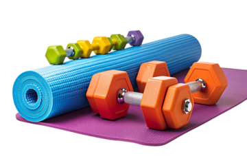 Essential Fitness Gear Featuring Yoga Mat and Dumbbells on a Surface