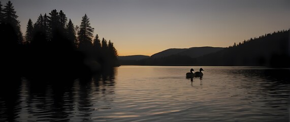 Fototapeta premium A serene depiction of a quiet lakeside where tranquility reigns as ducks glide peacefully across the calm waters surface