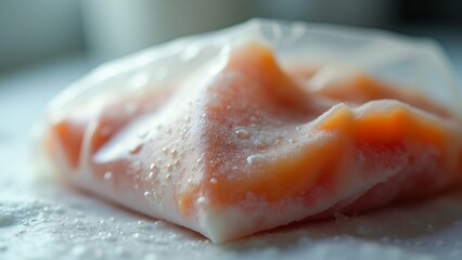 Close-up view of a frozen food package, condensation forming on the surface as it thaws, emphasizing moisture buildup during the thawing process with a focus on the droplets and food contents.