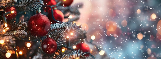 Christmas Tree With Baubles And Blurred Shiny Lights. christmas tree with gift boxes on beautiful winter scenery, copy space