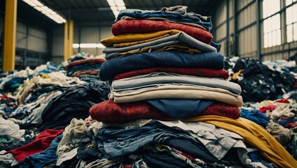 A large pile of discarded clothing and textiles in a warehouse. Highlights issues of fashion waste and sustainability
