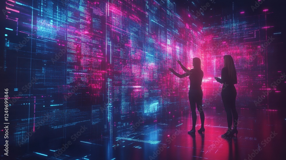 Poster two figures interact with a vibrant digital display in a futuristic setting.