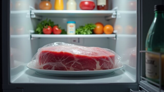 A raw beef cut is slowly thawing in a modern refrigerator, resting on a plate with condensation forming on the plastic wrap, showcasing proper food safety and gradual defrosting.