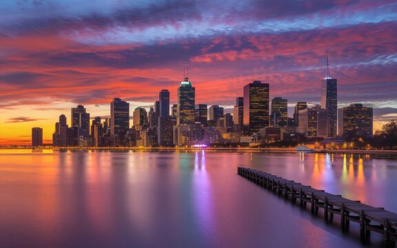City skyline reflections at sunset over calm waters with vibrant colors in the sky showcasing a bustling urban environment. Generative AI