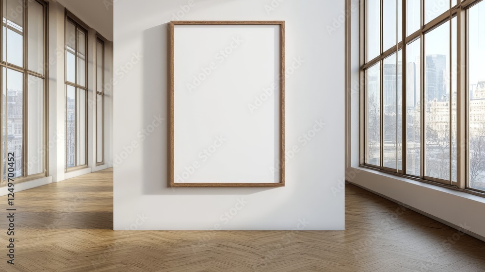 Poster this minimalist room is beautifully empty with a wooden picture frame on a white wall. natural sunli