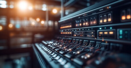 Close-up of a server rack with glowing lights and cables, showcasing data processing and network infrastructure in a modern facility.