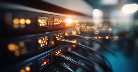 Network server hardware showing connected cables, lights, and abstract digital overlay suggesting data transmission and connectivity