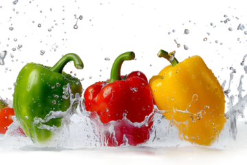Colorful Bell Peppers with Water Splashing in a Dynamic Scene