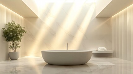 Luxurious bathroom with a freestanding bathtub, marble floors, and soft lighting, copy space