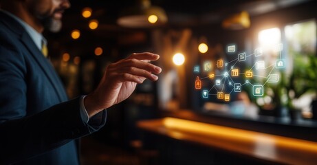 A businessman interacts with a complex digital network interface with holographic icons, signifying modern technology and communication.