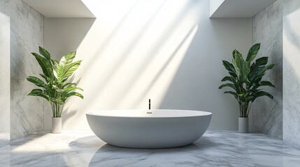 Fototapeta premium Luxurious bathroom with a freestanding bathtub, marble floors, and soft lighting, copy space