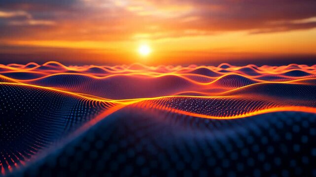 Vibrant sunset over rolling waves creates a mesmerizing pattern of colors in the sky and water