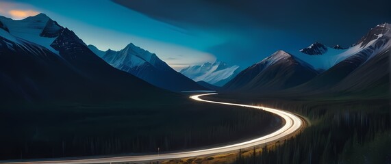 A road winding through the breathtaking landscapes of Alaska framed by towering mountains and endless natural beauty under an azure sky