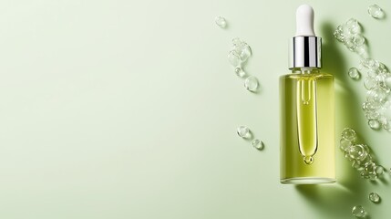 Facial Serum on Green Background: A glass bottle of facial serum with a dropper is displayed against a soft green backdrop, accentuated by scattered water droplets.