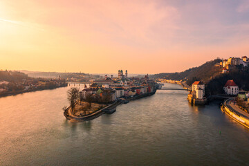 BEautiful city of Passau, Bavaria, Germany, at sunset in winter