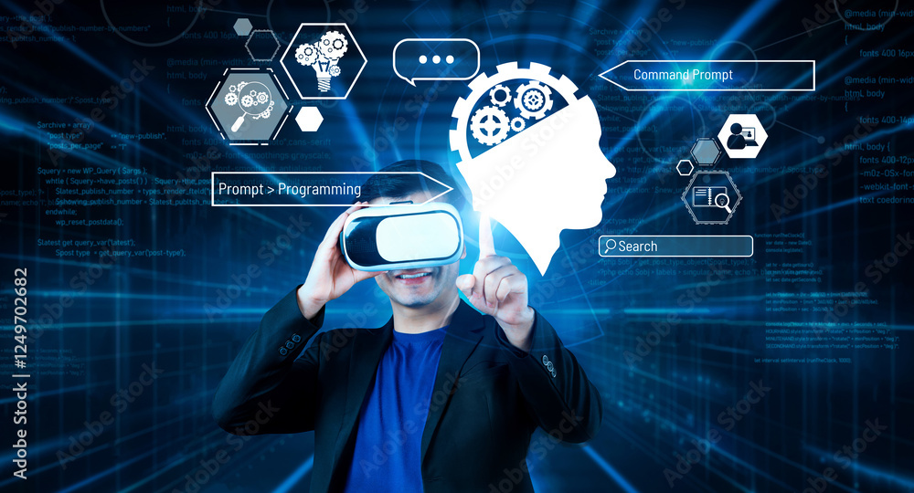 Poster smart businessman wearing suit and vr goggle while using ai assistance planning plan. project manage