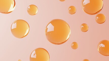 Amber Droplets Abstract:  A captivating abstract image featuring numerous translucent amber-colored droplets scattered across a soft peach background. The droplets vary in size.