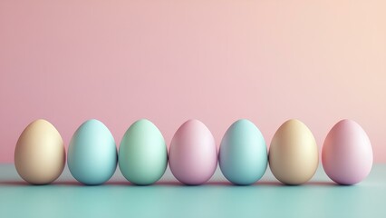 Easter background, banner, collection of beautifully colored Easter eggs in pastel colors on pink and blue background with space for text.