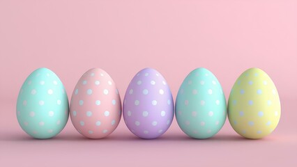 Fototapeta premium Easter background, banner, collection of beautifully colored bright Easter eggs in pastel colors decorated with white polka dot pattern on pink background with space for text.