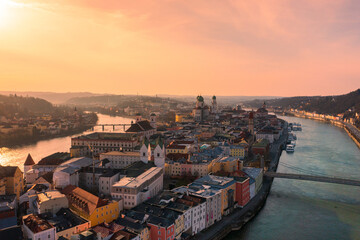 BEautiful city of Passau, Bavaria, Germany, at sunset in winter