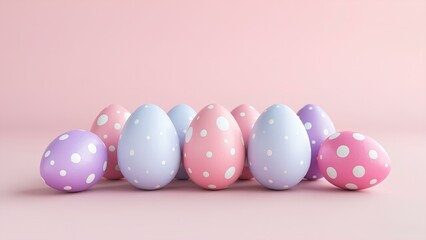 Fototapeta premium Easter background, banner, collection of beautifully colored bright Easter eggs in pastel colors decorated with white polka dot pattern on pink background with space for text.