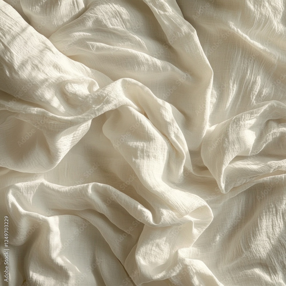 Poster white sheets lay in gentle disarray, capturing soft morning light that highlights their texture. the