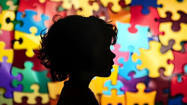 Silhouette of a child against a colorful puzzle piece background, symbolizing autism awareness, individuality, and inclusion. Represents the Autism community and support