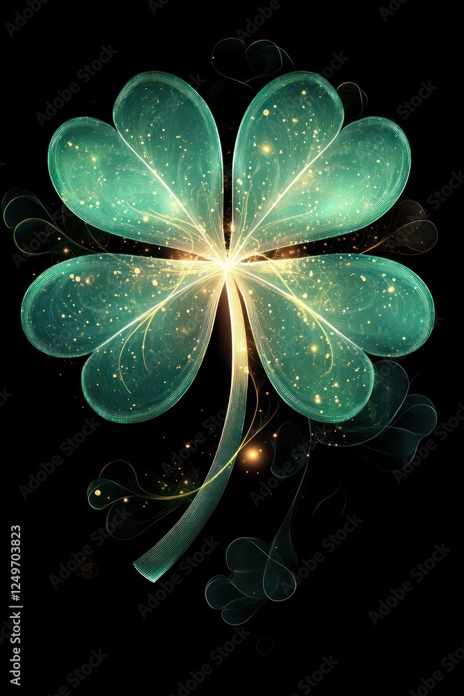 Poster a vibrant shamrock clover shines with sparkling details against a dark background, capturing the spi