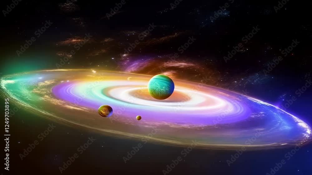 Poster solar system and galaxy visualization with colorful planets and nebula effects. science week present