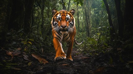 majestic tiger prowling through dense jungle under soft light, bold and natural composition, serene and powerful focus, detailed and atmospheric scene