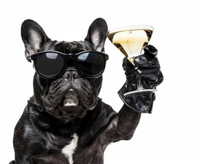 A black bulldog wearing black leather jacket and sunglasses holding a glass of cocktail juice in hand, wearing black leather gloves, AI Generated.