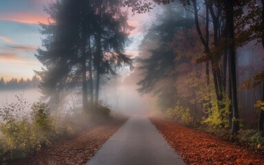 Fototapeta premium Misty autumn morning along a tranquil forest road with colorful foliage and soft sunlight filtering through trees. Generative AI