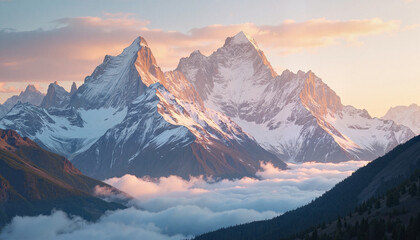 Obraz premium Majestic snow-capped mountains against a pastel sky