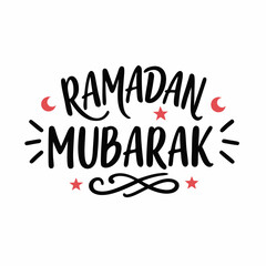Fototapeta premium Islamic calligraphy, Ramadan Mubarak text, decorative floral patterns, black and red color scheme, festive greeting card design, snowflake-like ornaments, elegant typography, white background