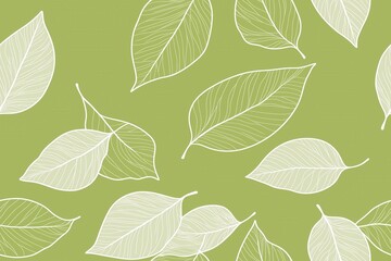 Padrão contínuo (seamless pattern) de folhas estilizadas em tons de verde com linhas delicadas em branco, criado com IA generativa.