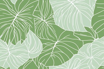 Padrão contínuo (seamless pattern) de folhas estilizadas em tons de verde com linhas delicadas em branco, criado com IA generativa.